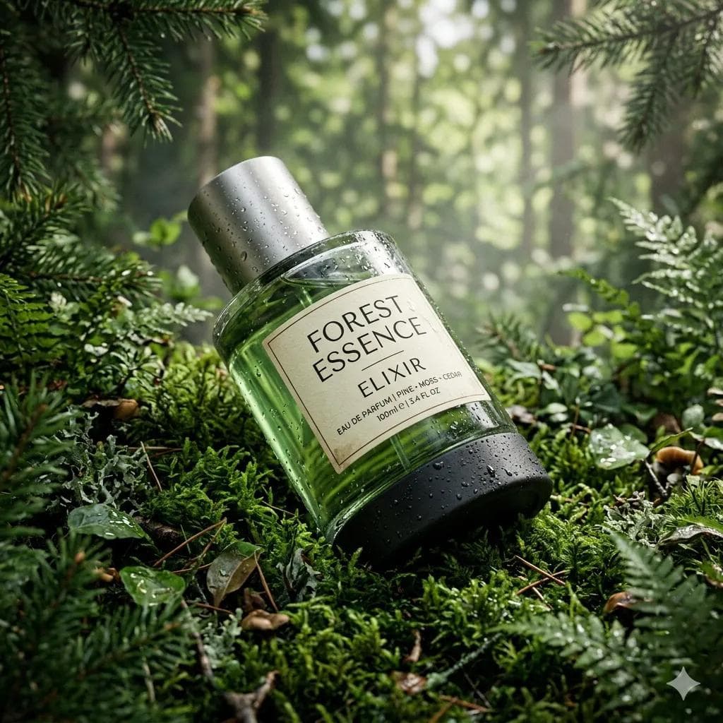 Ultra-Realistic Forest Essence Elixir Perfume Product Shot — example 2