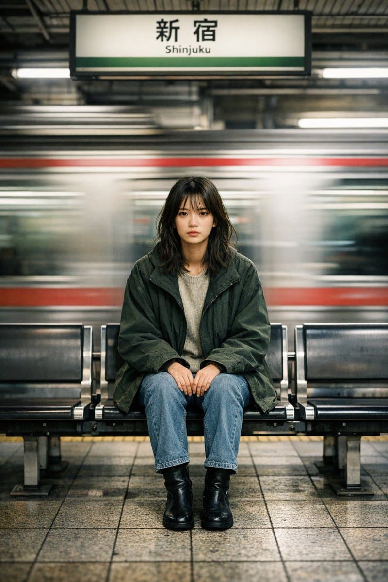 Cinematic Portrait of a Woman on a Train Platform — example 3