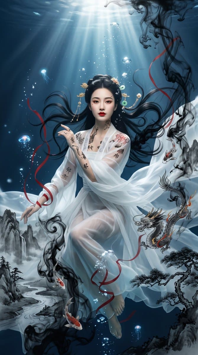 Underwater Chinese Ink Dreamscape Portrait — example 1