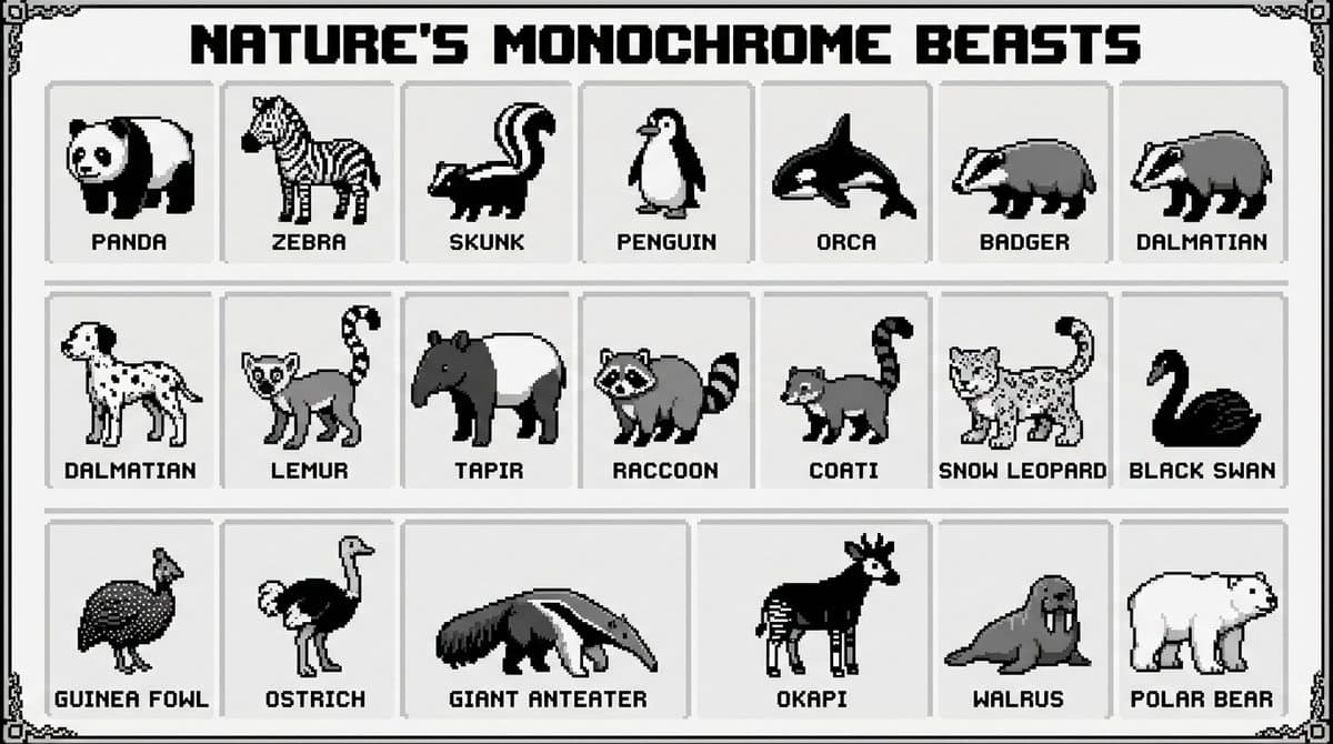 16-bit pixel art poster of black-and-white animals — example 1