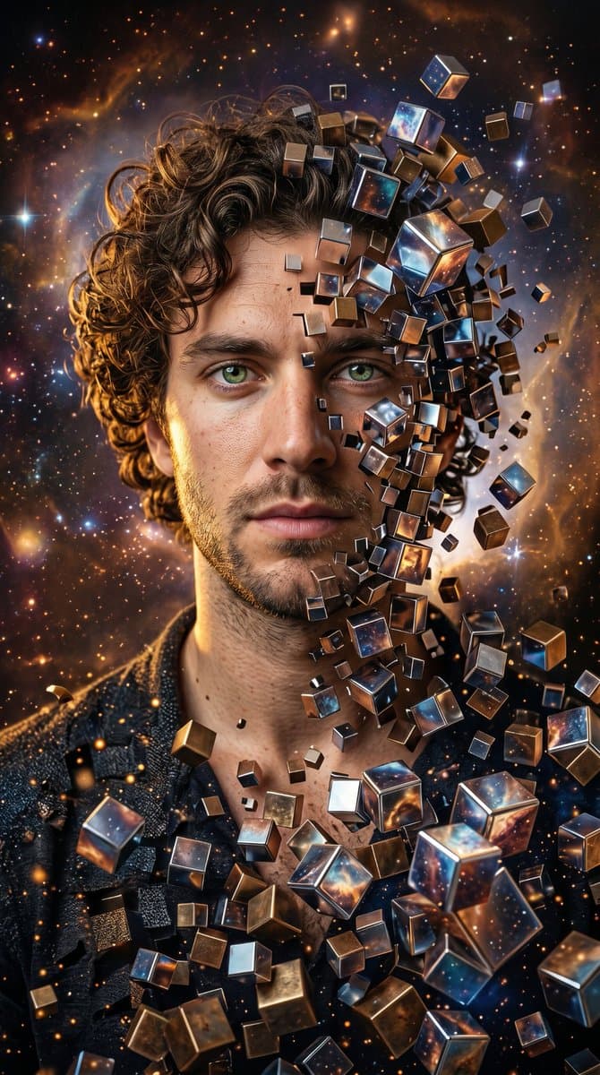 Deconstructed Metallic Cube Portrait — example 1