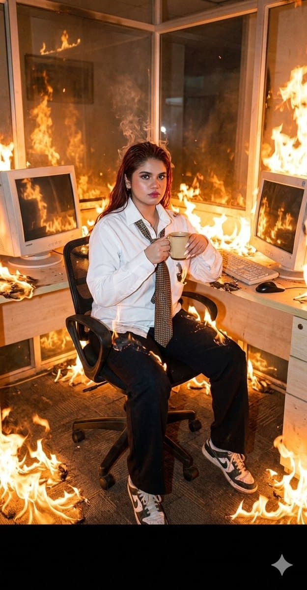 Absurdist Office Workspace Fire — example 1