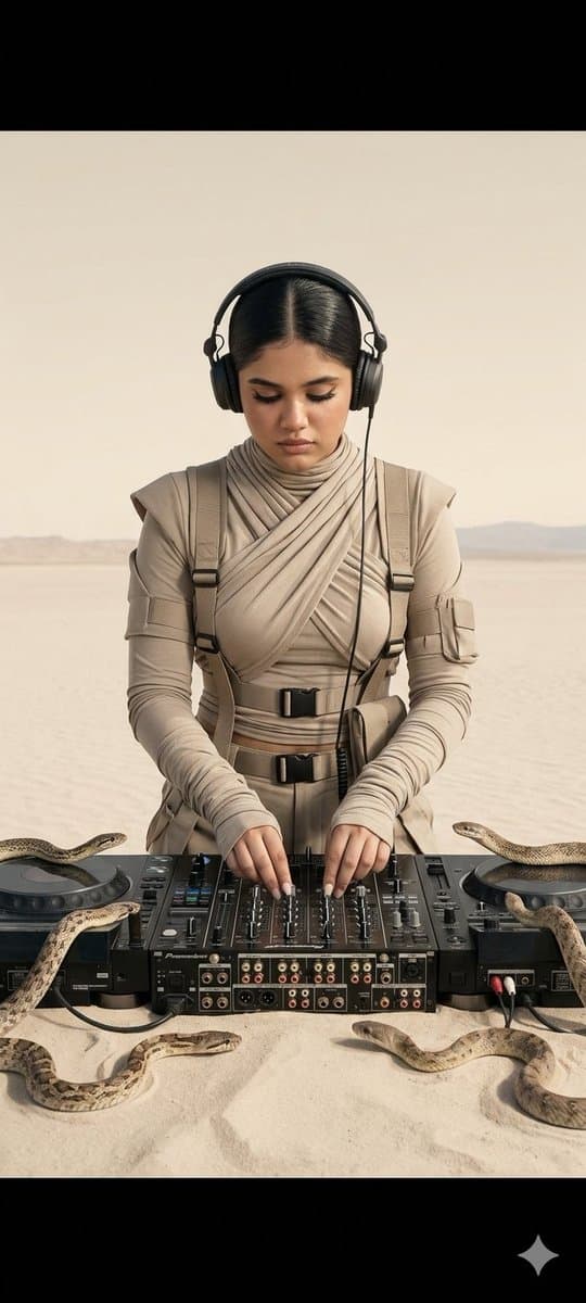 Surreal Desert DJ with Snakes — example 1