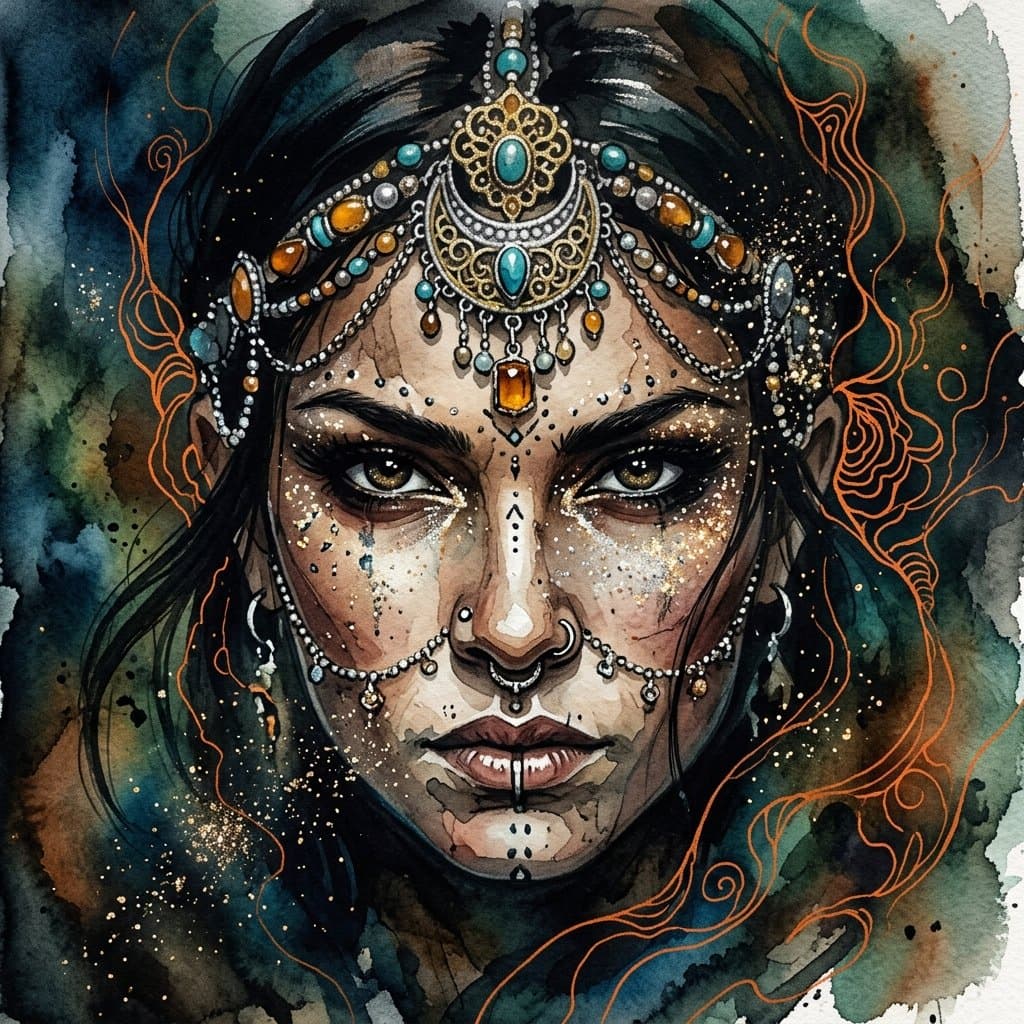 Ink wash and watercolor woman portrait — example 3