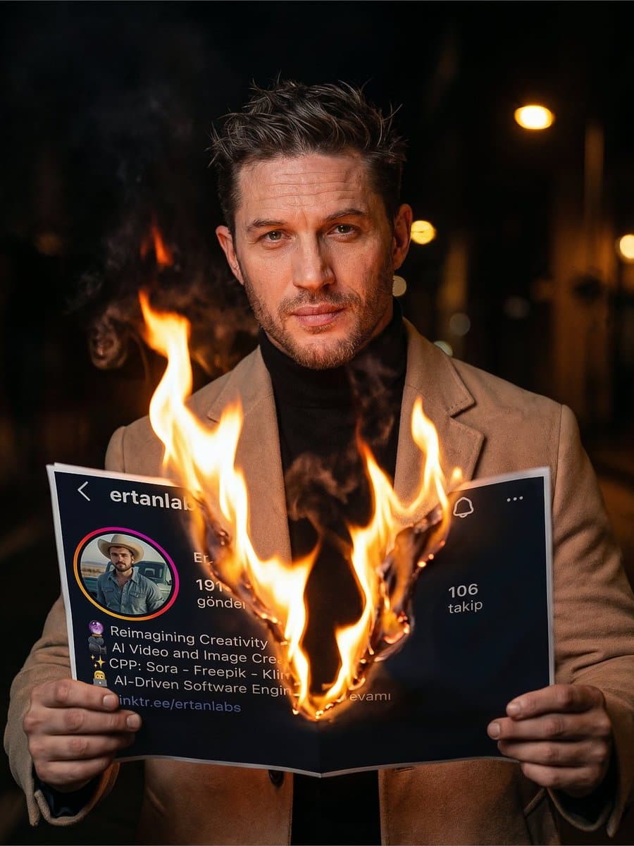 Cinematic Night Portrait with Burning Social Page — example 1
