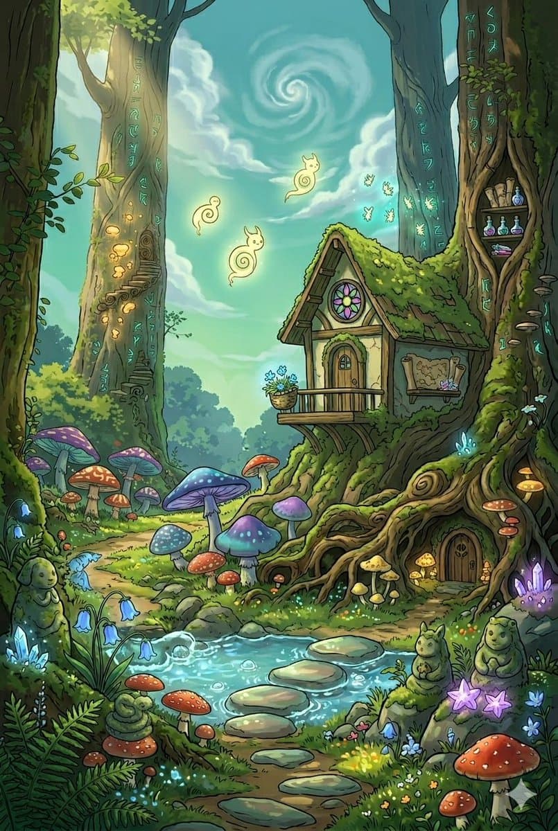Whimsical Forest Cottage Illustration — example 2