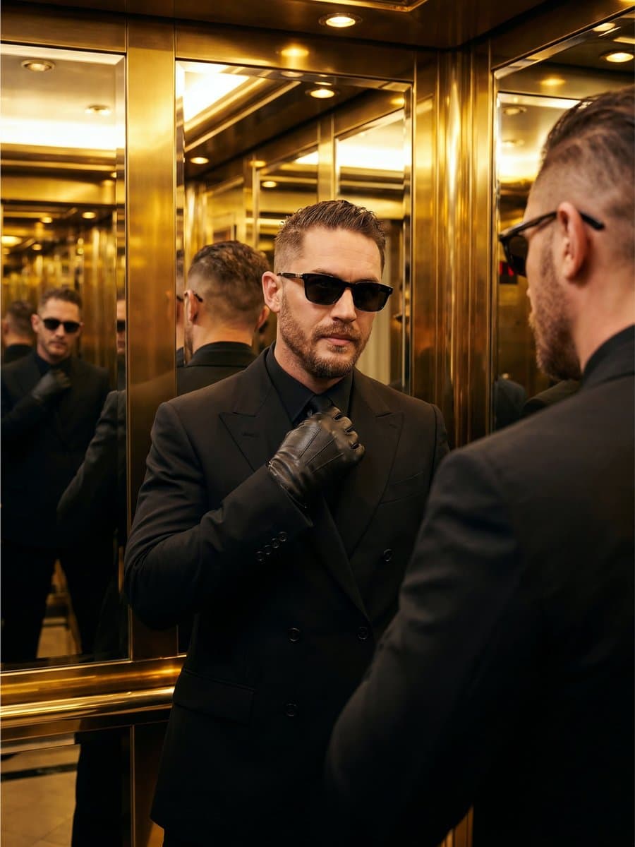 Cinematic Golden Elevator Portrait — example 1