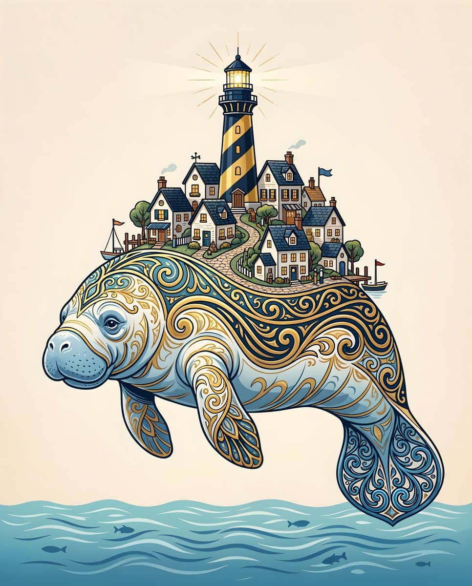 Majestic Manatee Village Illustration — example 1