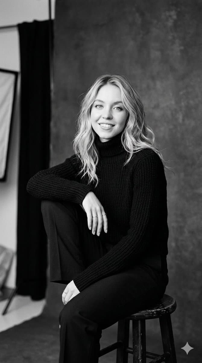 Sydney Sweeney B&W Studio Portrait — example 1
