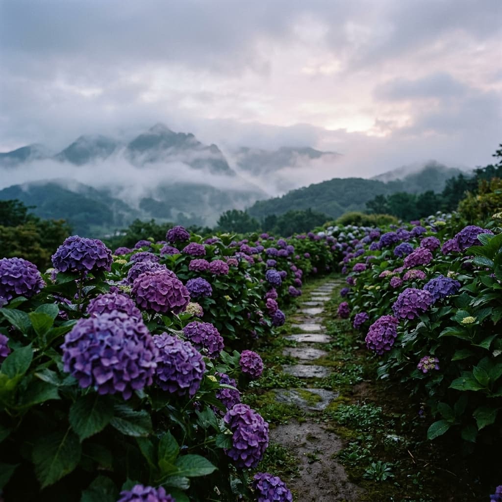 Misty Hydrangea Garden Landscape — example 1