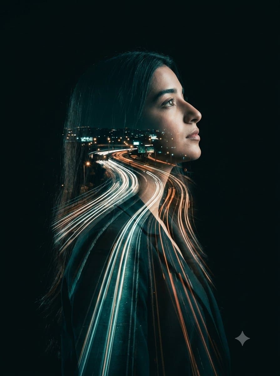 Double-Exposure Highway Portrait — example 1