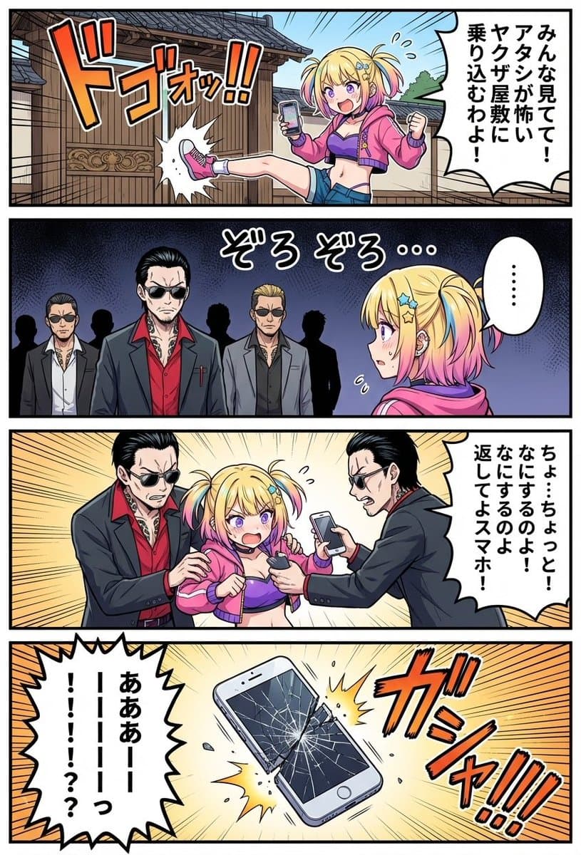 4-panel manga of a girl streaming from a yakuza mansion — example 1