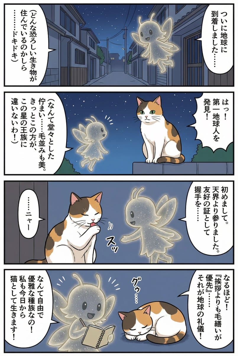 Four-panel manga of a fairy who thinks Earth is a cat planet — example 1
