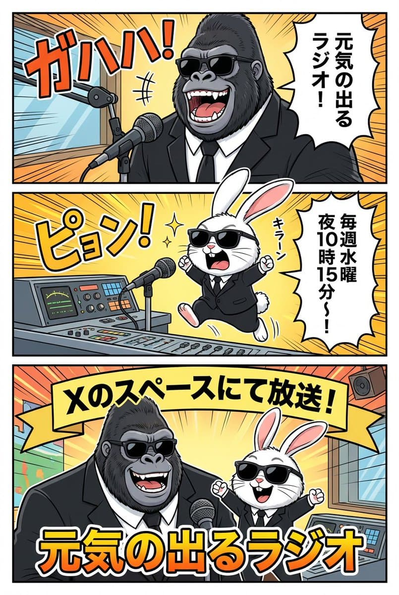 Ad manga for a radio show with a gorilla and rabbit — example 2