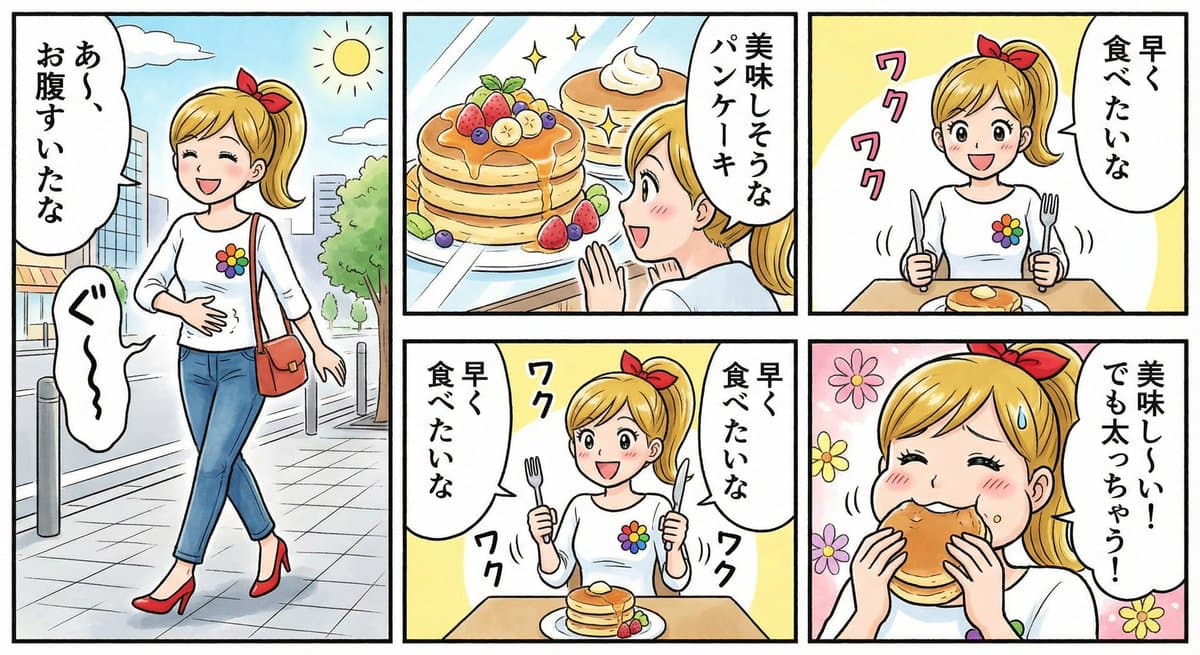 Four-panel manga about a hungry woman and pancakes — example 1