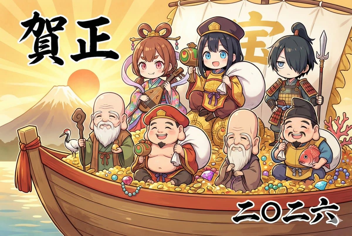 New Year's Card Illustration with Seven Lucky Gods Costume Swap — example 2