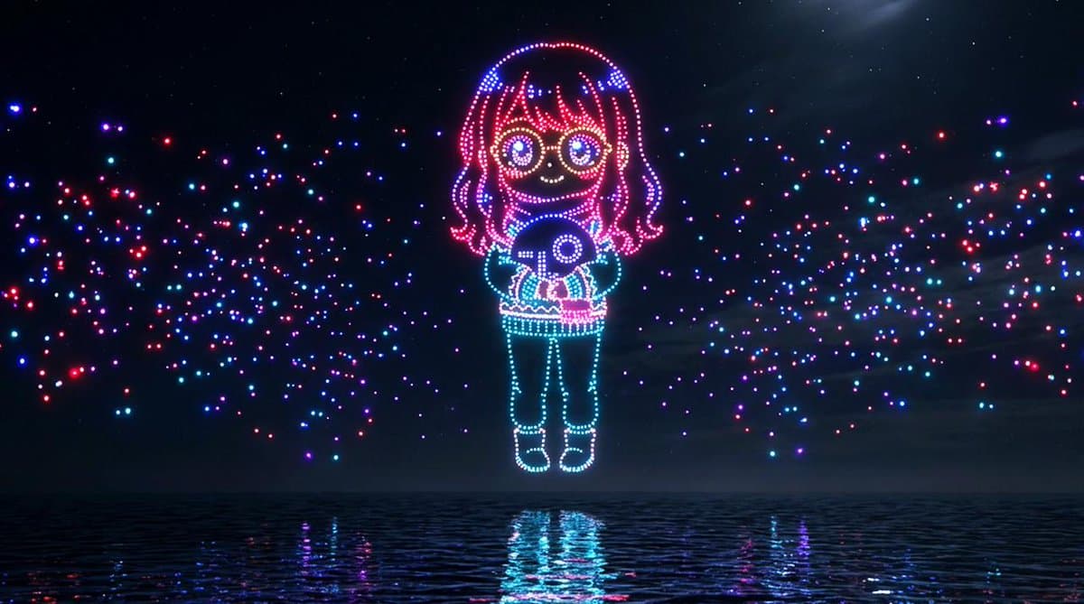 Drone Art Character Projection over Night Sea — example 1