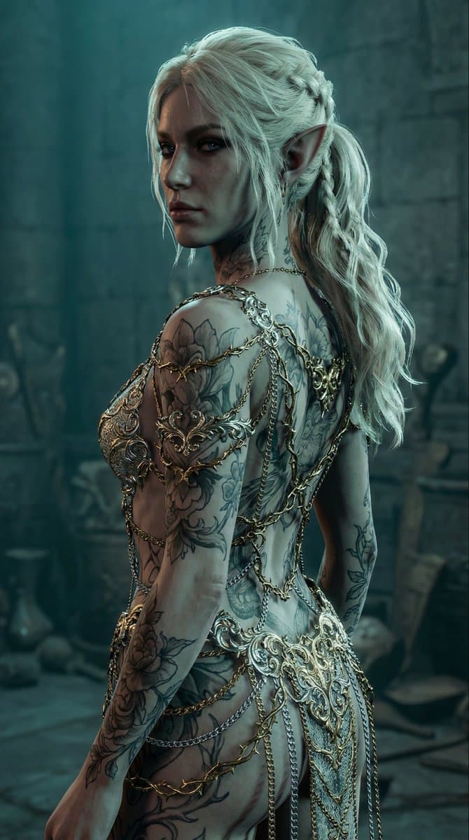 Elven Woman with Ornate Chain Dress — example 1
