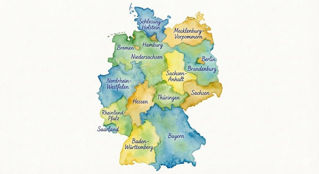 Watercolor map of Germany with labeled states — example 1