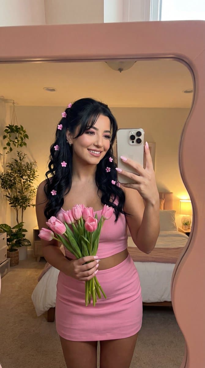 Coquette Mirror Selfie with Pink Flowers and Identity Lock — example 1