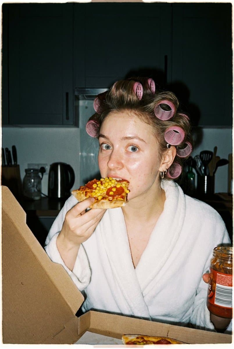 Ultra Photorealistic Candid Flash Portrait of a Woman Eating Pizza — example 1