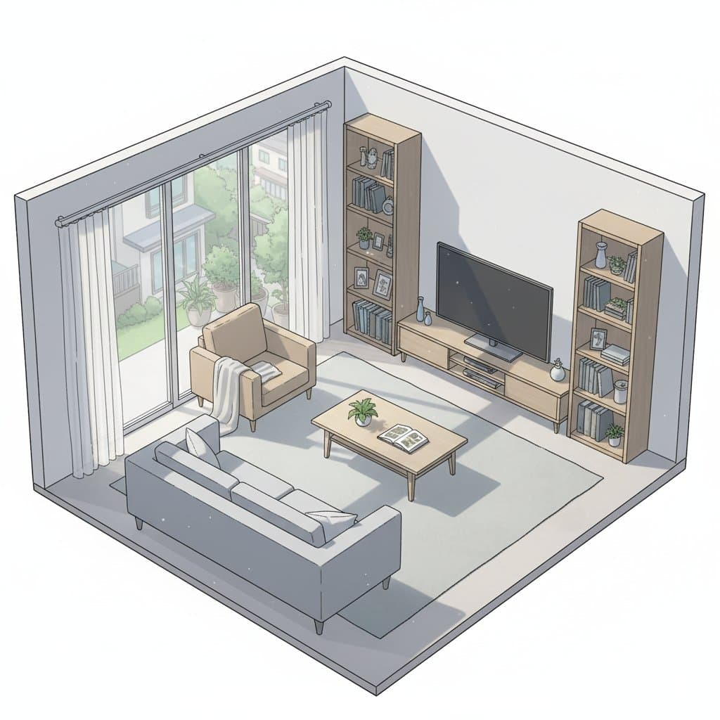 Isometric living room layout based on a sofa photo — example 4