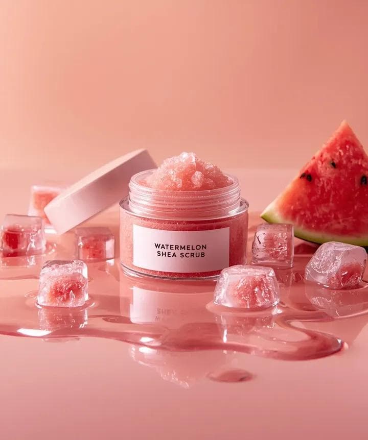 Hyper-photorealistic cosmetic skincare jar product shot with watermelon and ice cubes — example 1