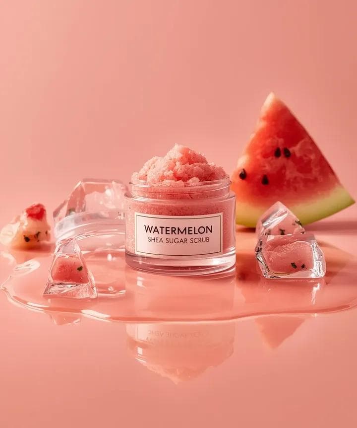 Hyper-photorealistic cosmetic skincare jar product shot with watermelon and ice cubes — example 3