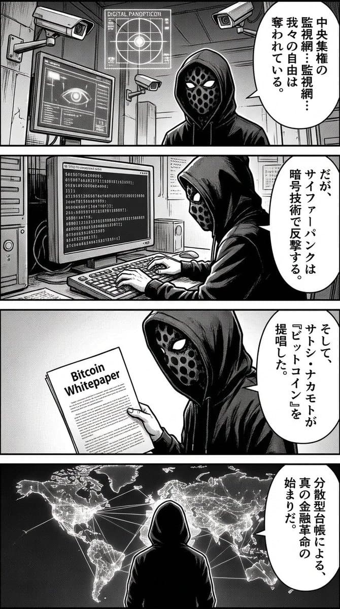 Four-panel manga about Bitcoin from cypherpunk view — example 1