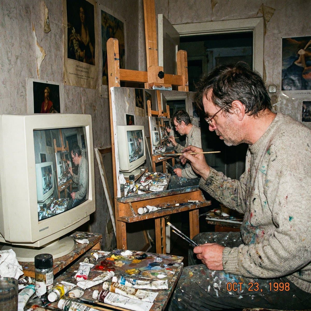 Recursive artist painting a photo of himself painting — example 1