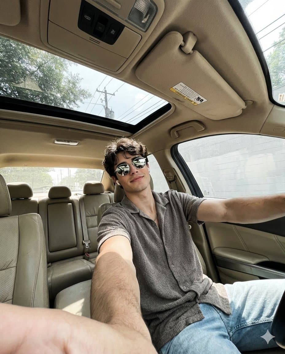 Wide-Angle Car Selfie Replication Prompt — example 2