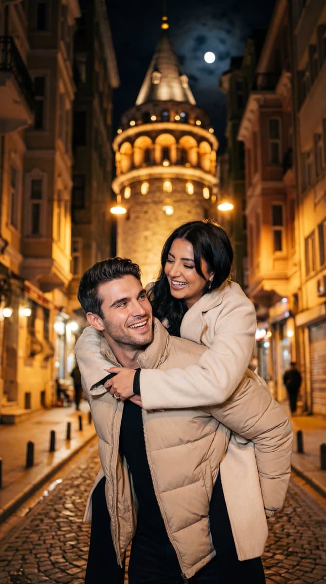 Romantic Nighttime Piggyback in front of Galata Tower — example 1