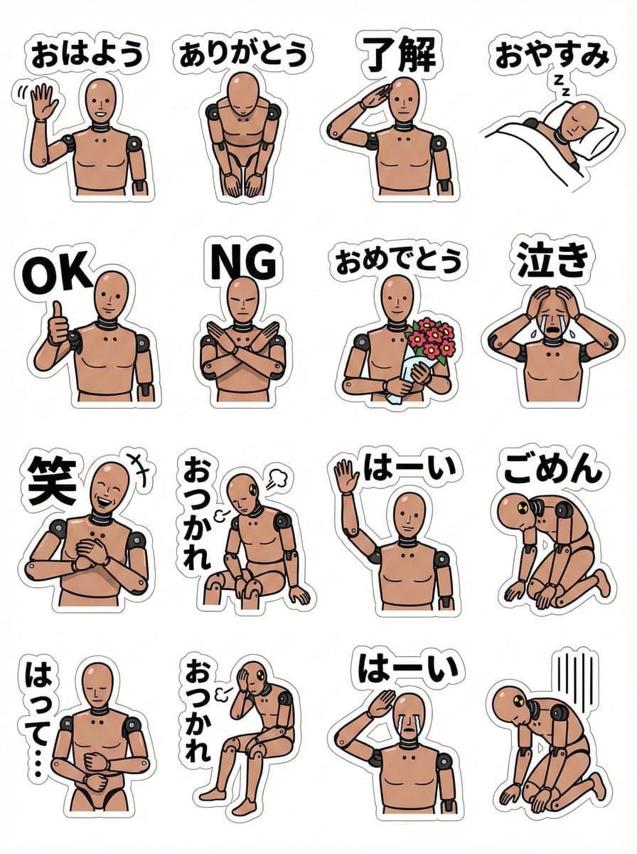 LINE sticker sheet for standing doll character (Japanese) — example 1