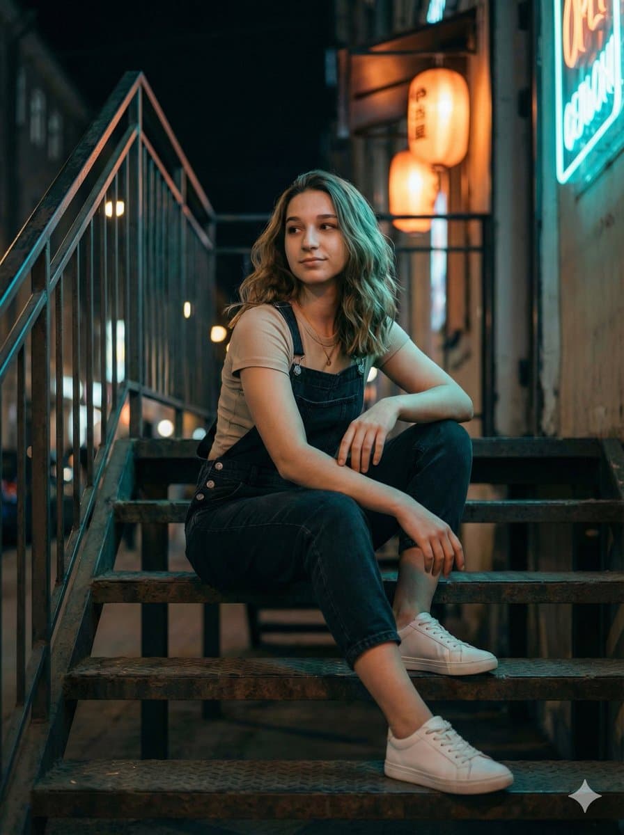Cinematic Night Portrait on Urban Stairs — example 1