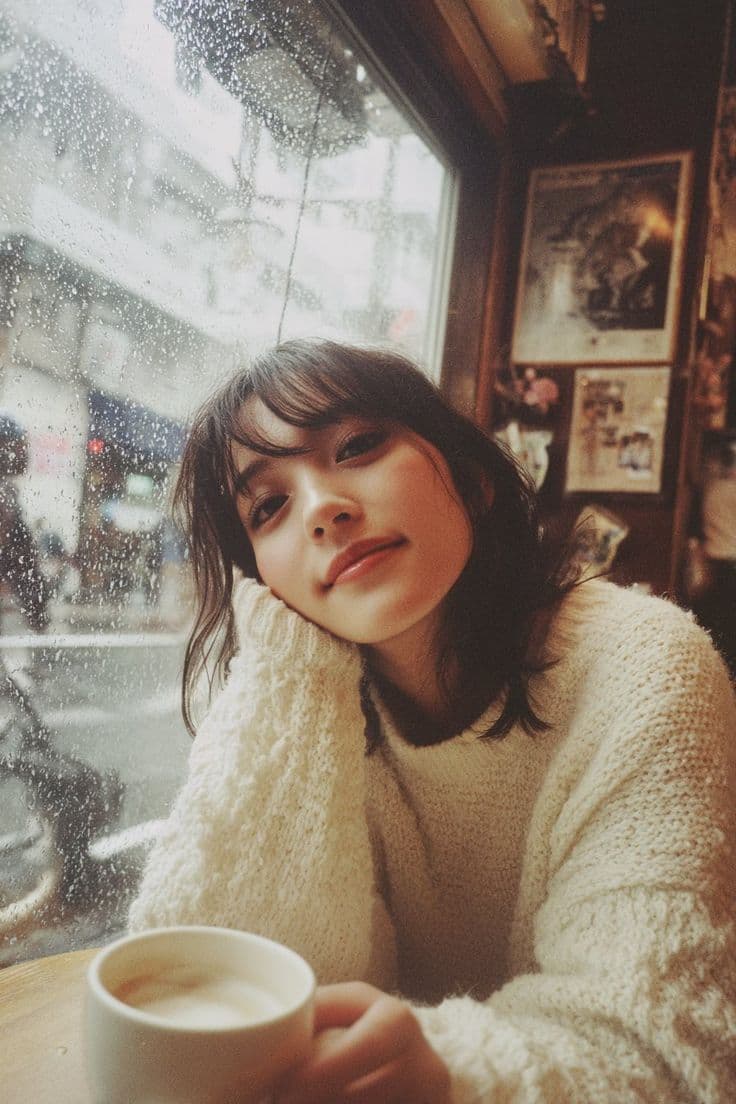 Cozy Rainy Day Café Portrait (Film Aesthetic) — example 1