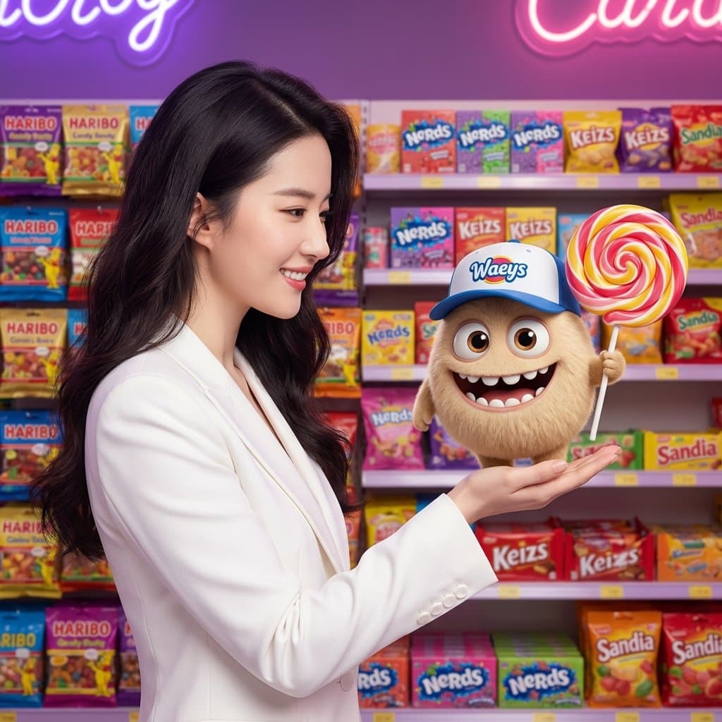 Mixed-Media Portrait with CGI Mascot in Candy Store — example 1