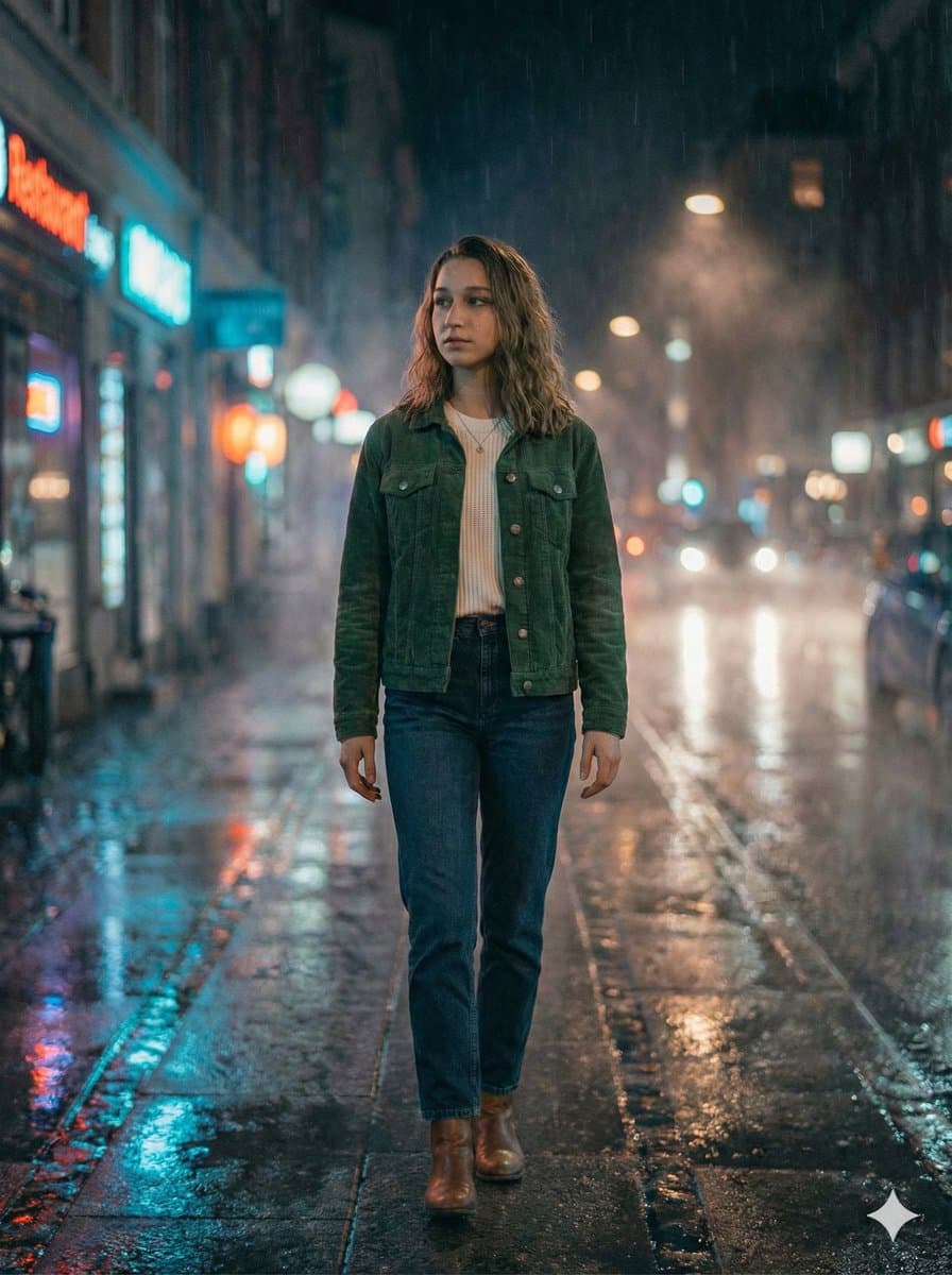 Moody Cinematic Night Rain Portrait (JSON) — example 1