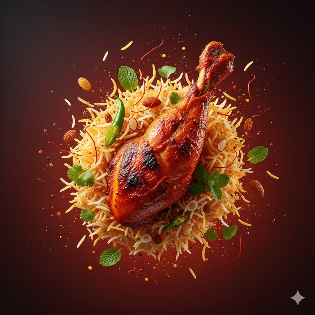 Dynamic Hyper-Realistic Biryani Hero Shot (JSON) — example 3