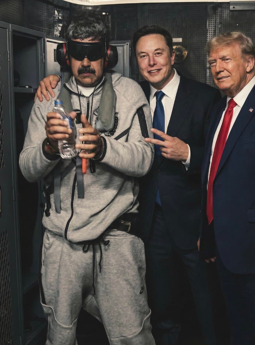 Humorous Portrait of Elon Musk, Donald Trump, and Venezuela President in Tactical Gear — example 1