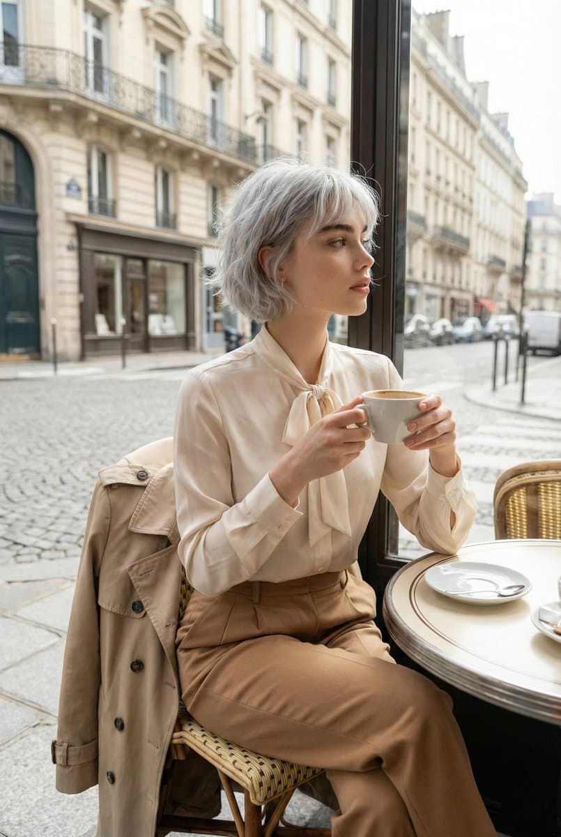 Candid Parisian Café Portrait with Silver Hair — example 1