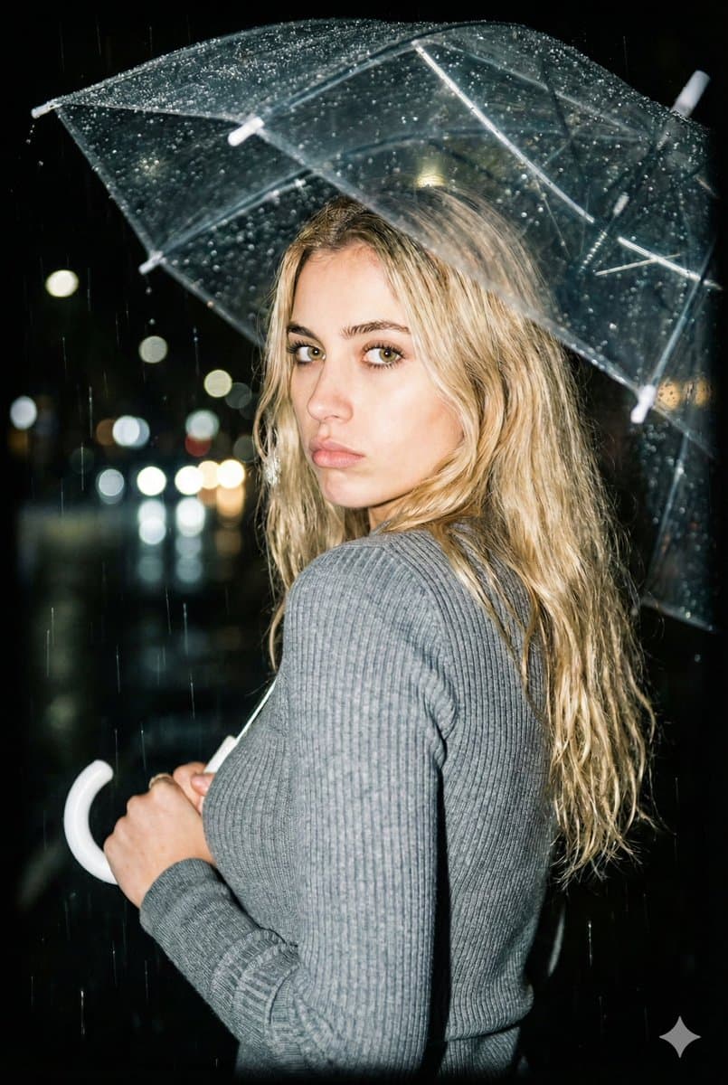 Nighttime Rainy Umbrella Portrait Prompt — example 1