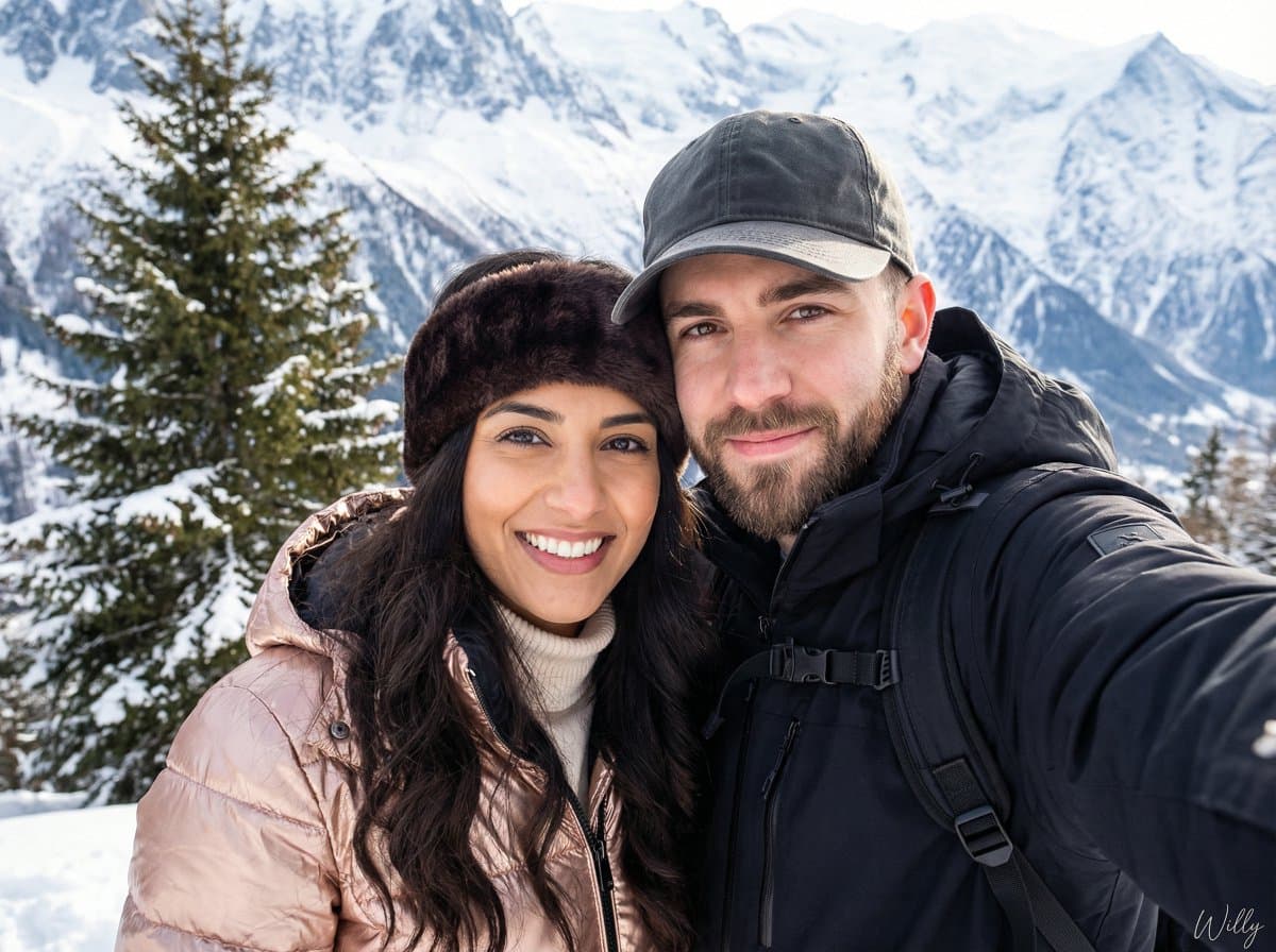 Happy Couple Snowy Mountain Selfie Prompt — example 1