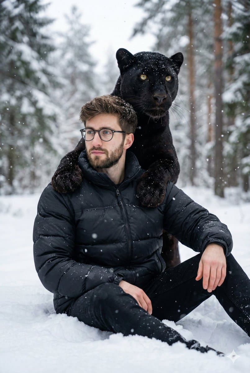 Hyper-realistic 8K image of a man and a black panther in a snowy forest — example 1