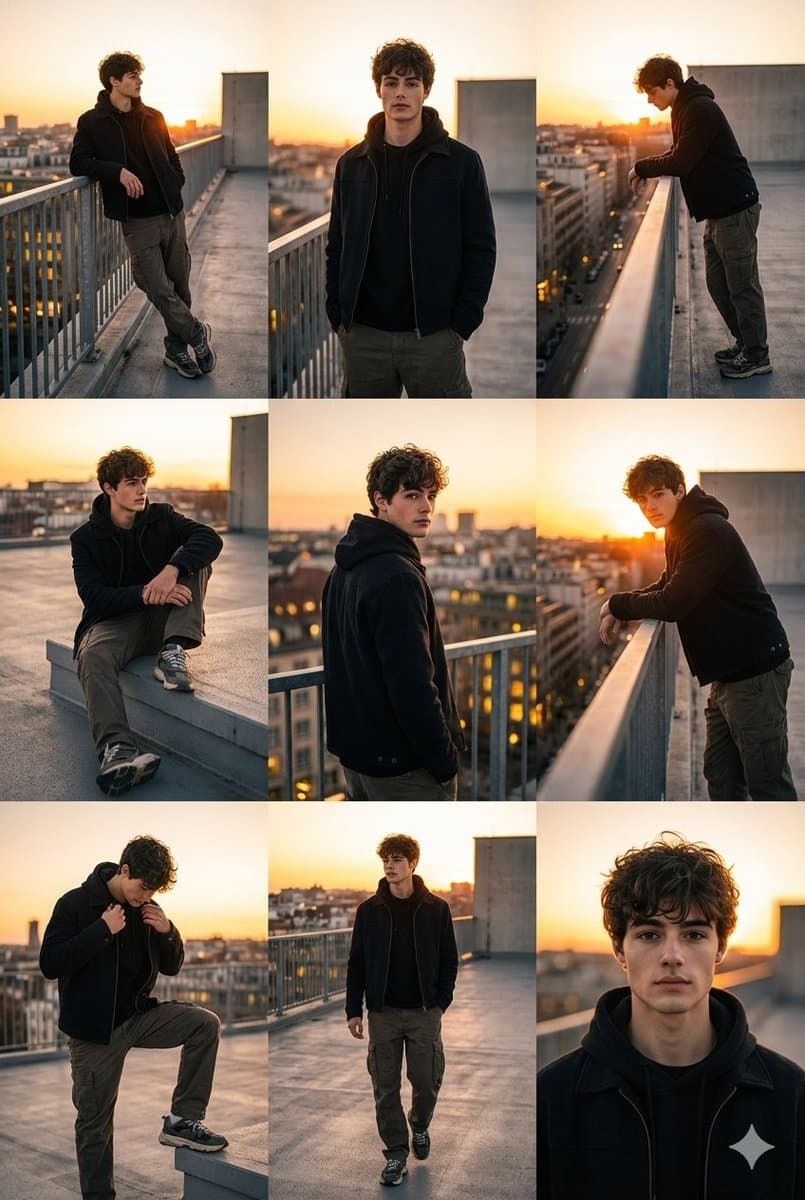 3x3 Cinematic Fashion Collage on a Rooftop at Sunset — example 1