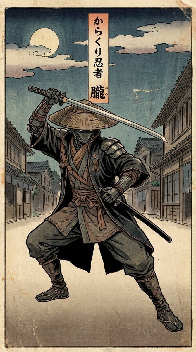 Edo-style woodblock print ninja character — example 1