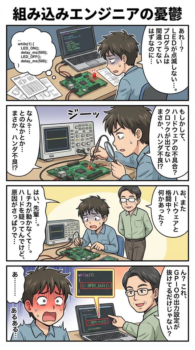 4-panel comic about embedded engineer struggles — example 1