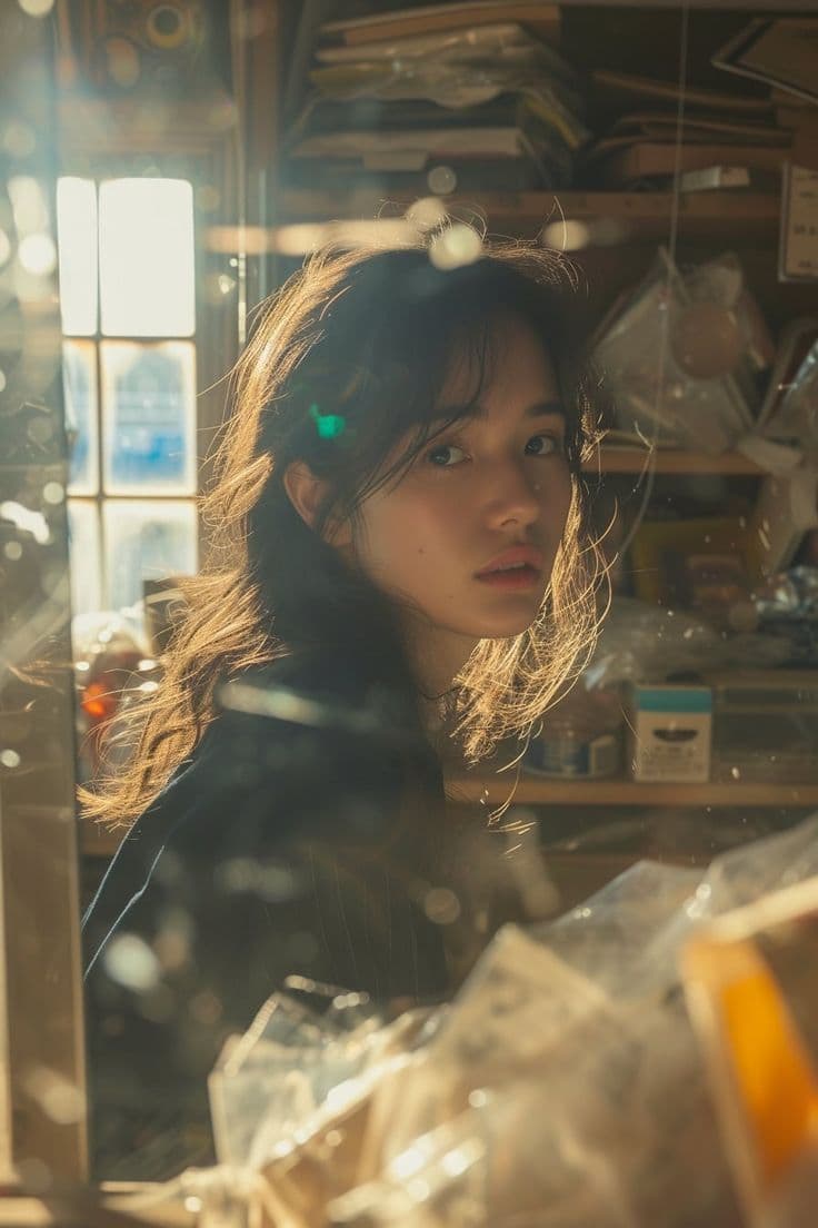 Cinematic Portrait of an East Asian Woman in a Cluttered Interior — example 1