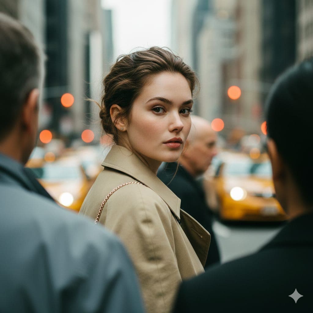 Photorealistic Candid Street Portrait with Extreme Shallow DOF — example 1