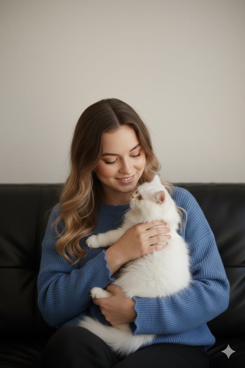 Ultra-Realistic Portrait of Woman Hugging a Persian Cat — example 1