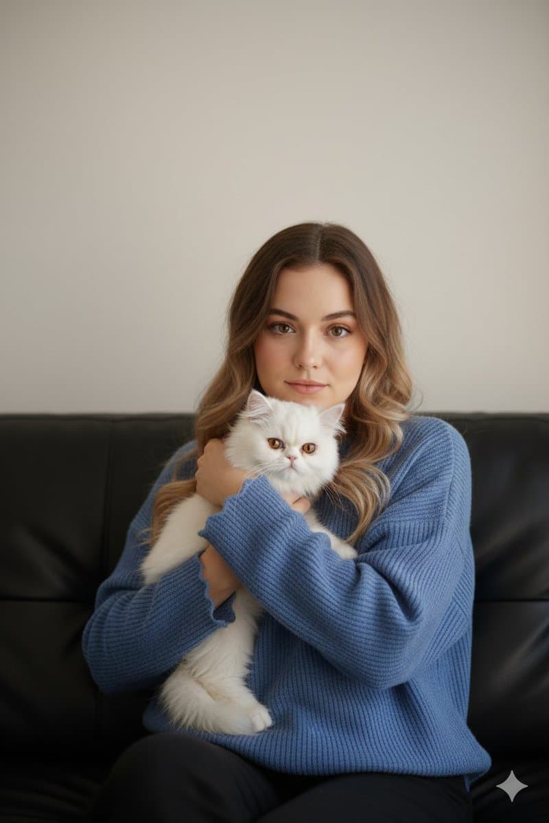 Ultra-Realistic Portrait of Woman Hugging a Persian Cat — example 2